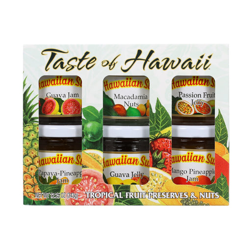 Hawaiian sun gift set with six bottles of tropical fruit preserves and nuts