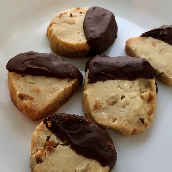 Chocolate Dipped Macadamia Nut Shortbread Cookies