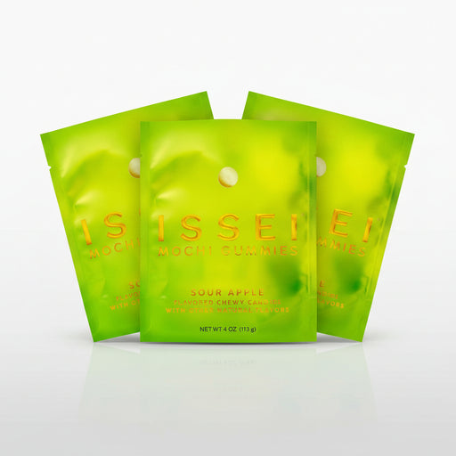 Green package of Issei Mochi Gummies Sour Apple flavor on a white background