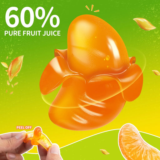 Orange fruit-shaped jelly with '60% Pure Fruit Juice' text on a green background