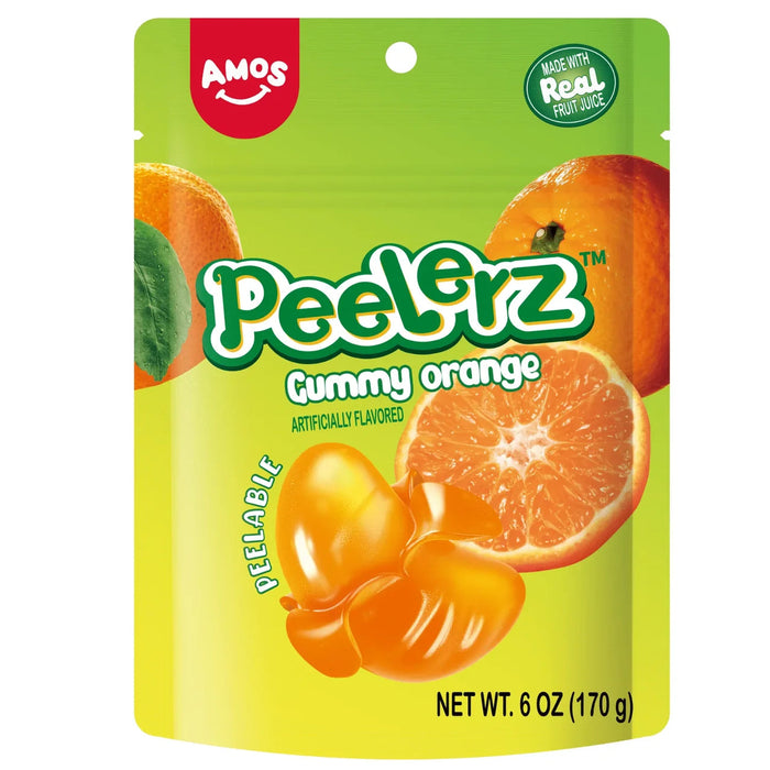 Packaging of AMOS Peelerz Gummy Orange on a white background