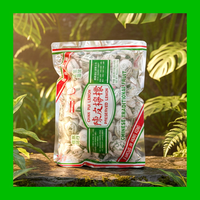 Packaged Chinese traditional preserved lemon with a green leafy background
