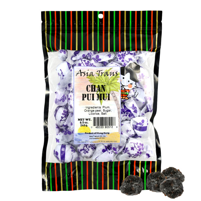 Packaged dried plums with colorful striped packaging on a white background