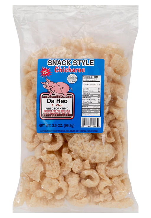 Packaged snack style chicharon with blue label on a white background
