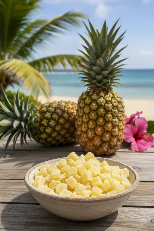 diced dried pineapple in a bowl in front of fresh hawaiian pineapple with a tropical beach background. 