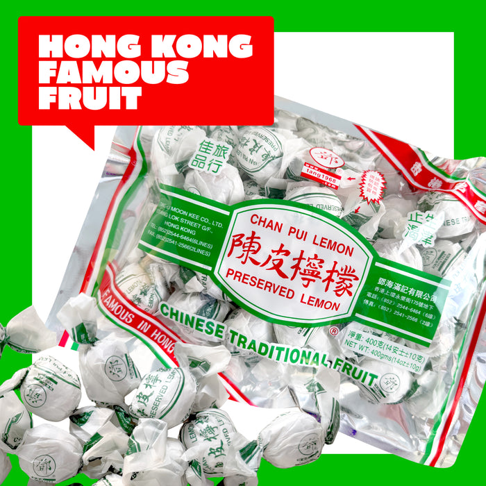Packaged preserved lemons with 'Chan Pui Lemon' branding on a green background, labeled as 'Hong Kong Famous Fruit'.