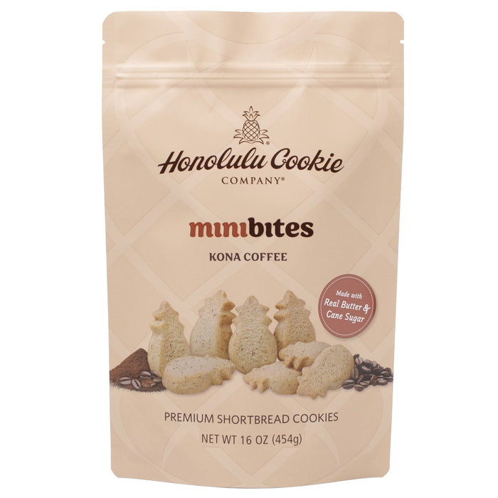 Package of Honolulu Cookie Company Kona Coffee Minibites on a white background