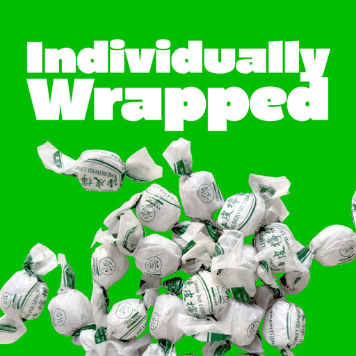 Pile of individually wrapped candies with 'Individually Wrapped' text on a green background