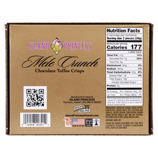 Box of Island Princess Mele Crunch Chocolate Toffee Crisps with nutrition facts label and QR code.