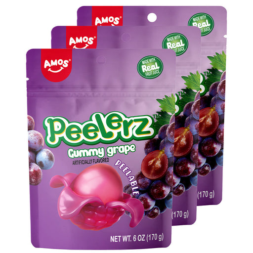 Three packages of Amos PeelErz Gummy Grape on a white background