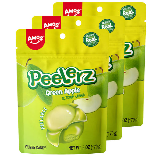 Three packages of Amos Peel'rz Green Apple gummy candies on a white background