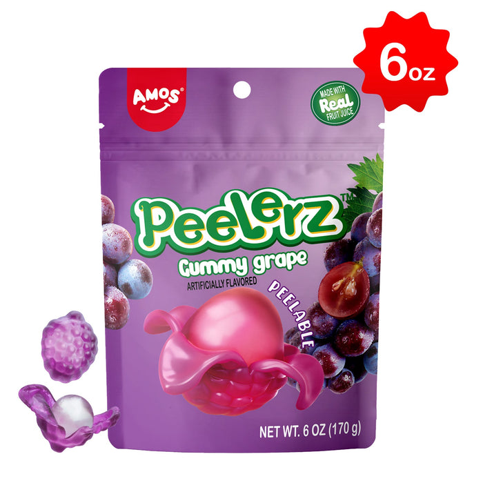 Purple package of Amos Peelerz Gummy Grape with a red '6 oz' label on a white background