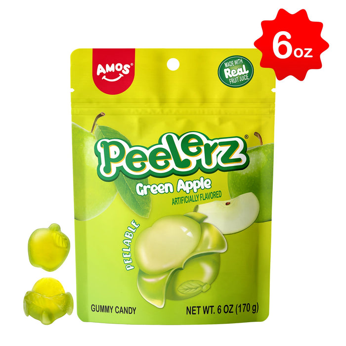 Green apple gummy candy package with 'Amos' branding on a white background