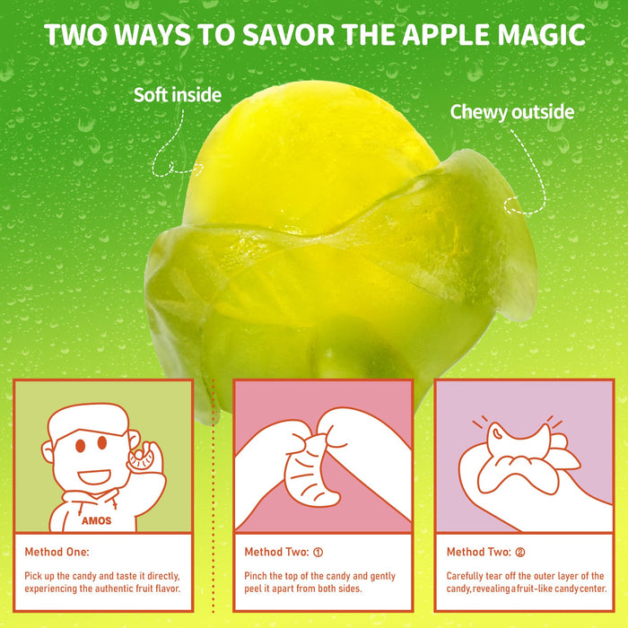 Green candy with yellow center on a green background, showing two ways to enjoy it.