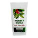 Purely Kona coffee package with coffee beans and leaves on a white background