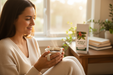 Woman holding a mug of coffee in a cozy room with plants and books.