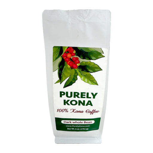 Purely Kona coffee package with coffee beans and leaves on a white background