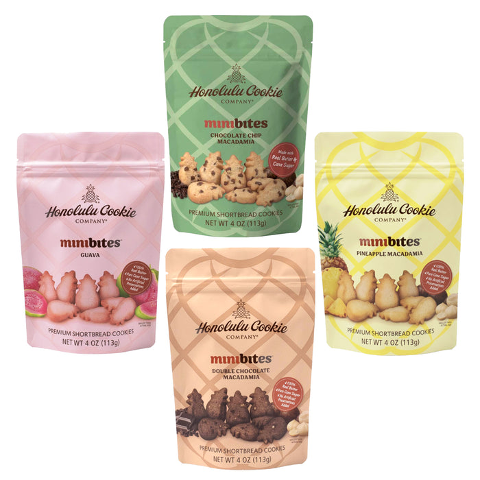 Four packages of Honolulu Cookie Company minibites on a white background