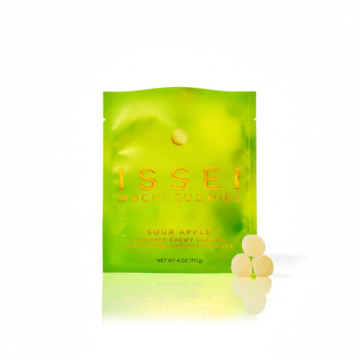 Green package of Issed Mochi Gummies with yellow text on a white background