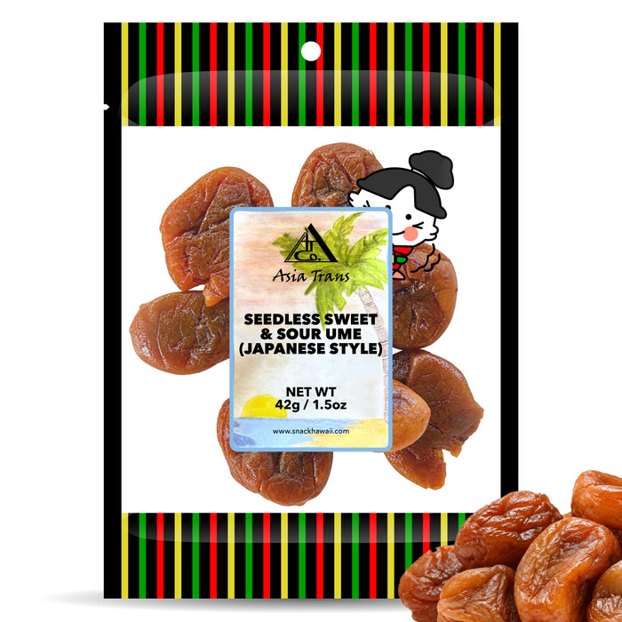 Front of 1.5 oz bag of seedless sweet and sour ume on a white background with product loose in front.