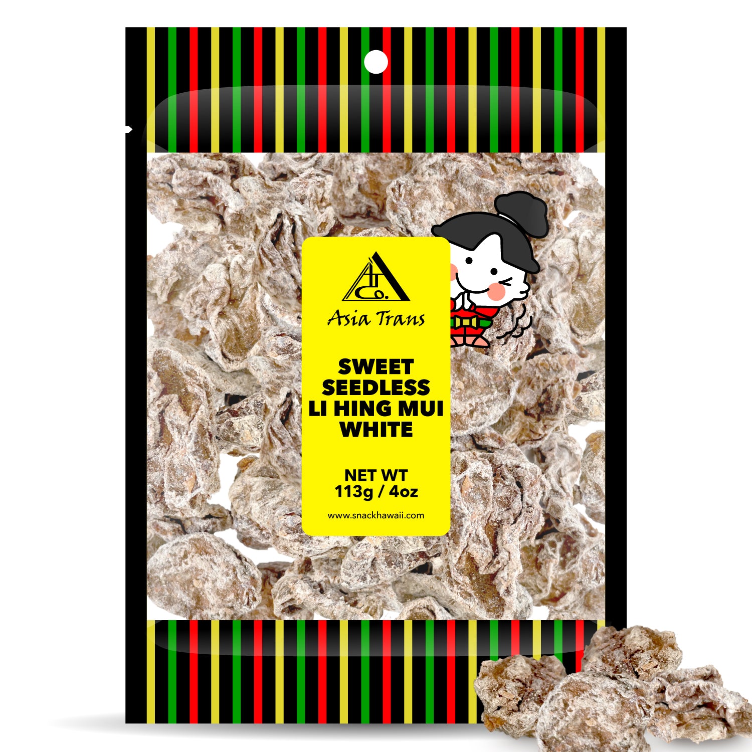 Packaged sweet seedless li hing mui white with colorful label and character illustration on a white background