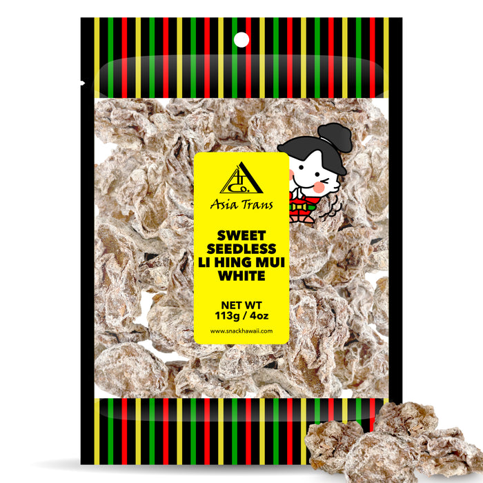 Packaged sweet seedless li hing mui white with colorful label and character illustration on a white background