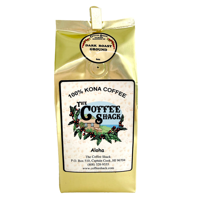 Coffee bag from The Coffee Shack with branding and product details on a white background