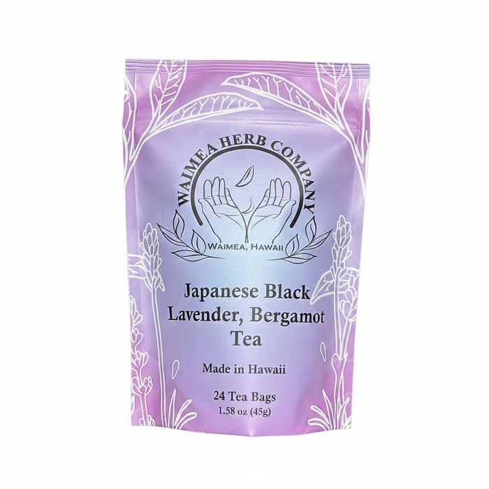 Purple package of Waimea Herb Company Japanese Black Lavender Bergamot Tea on a white background
