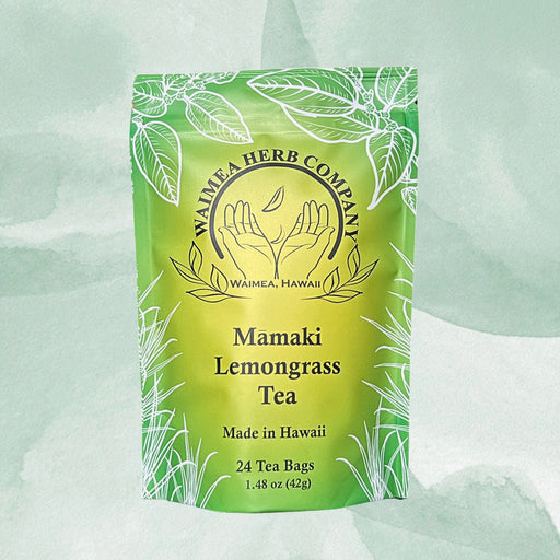 Green tea package with Waimea Herb Company branding on a light green background