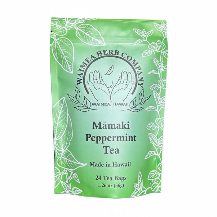 Green package of Mamaki Peppermint Tea from Waimea Herb Company on a light background
