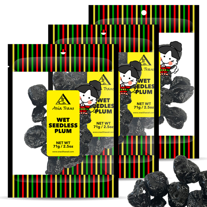 Packaging of Aria Trans wet seedless plums with colorful striped design and cartoon character.