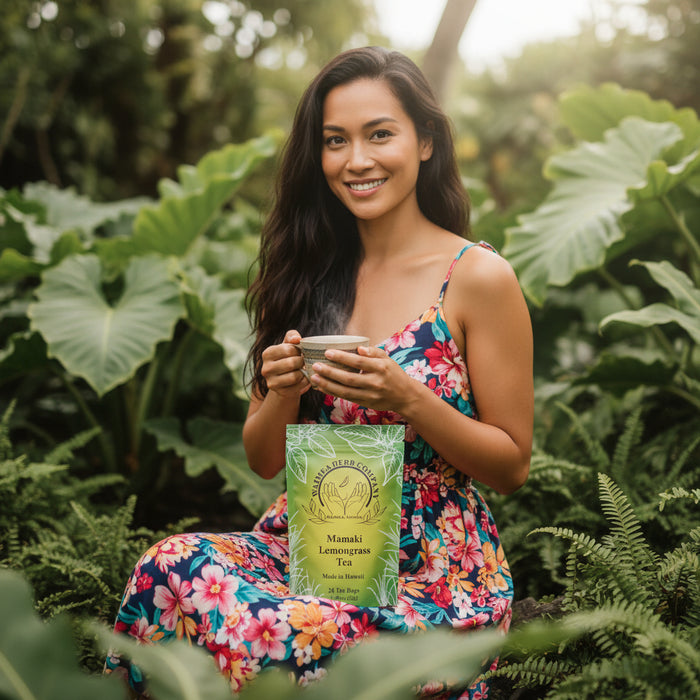 Woman drinking tea in a tropical forest