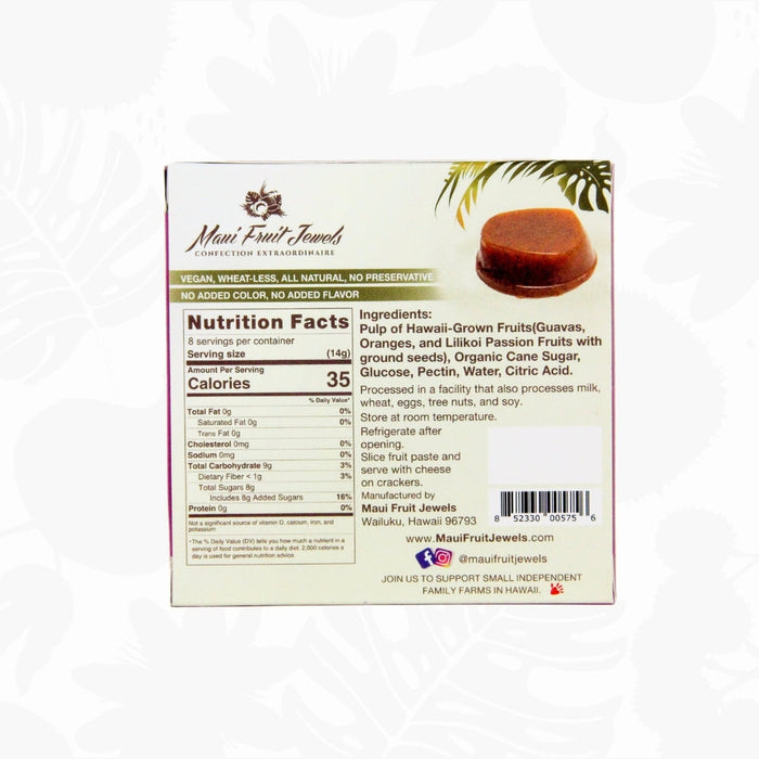 The back of a Maui Fruit Jewels POG paste package, showing the nutrition facts, ingredients, and product description on a white background.