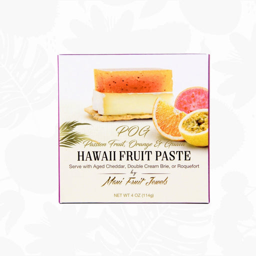 A square product box for POG Hawaii Fruit Paste, featuring illustrations of fruit pastries and sliced citrus on a white background with a faint floral pattern.