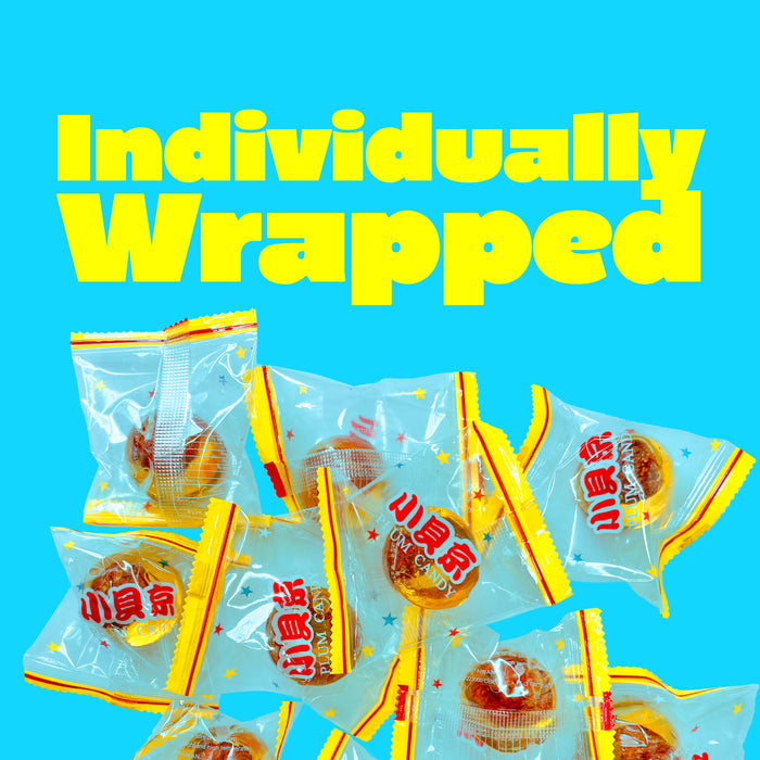 Individually wrapped li hing mui drop candies on a blue background and text 'Individually Wrapped'.