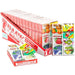 Marukawa bubble gum packages in various flavors displayed in a box on a white background
