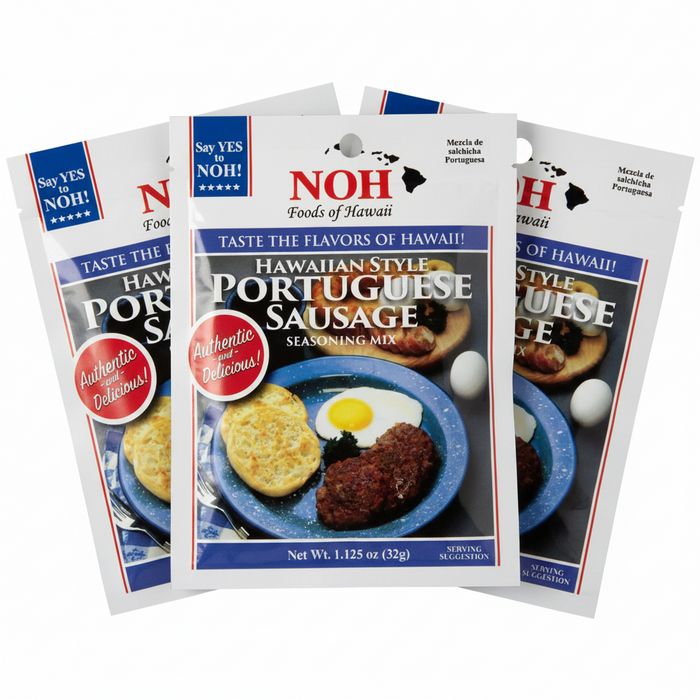 NOH Foods of Hawaii Hawaiian Style Portuguese Sausage Seasoning Mix in a 1.125 oz (32g) bag.