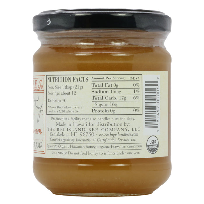 Big Island Bees Organic Ohia-Lehua Blossom & Cinnamon Honey bottle label side view
