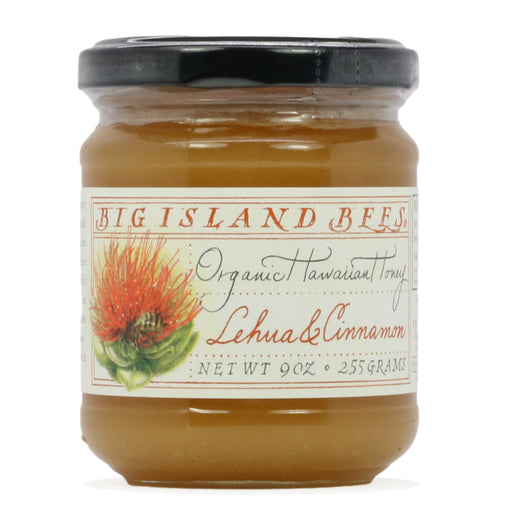 Big Island Bees Organic Ohia-Lehua Blossom & Cinnamon Honey Bottle Front View