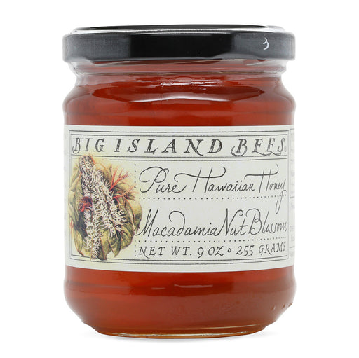 big island bees macadamia nut honey bottle label front