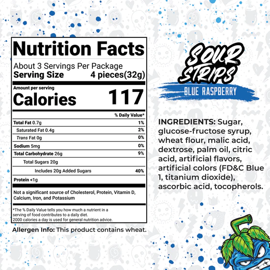 Blue Raspberry Sour Strips - 3-pack  nutrition facts