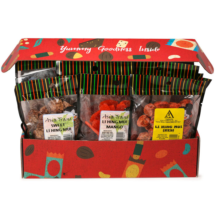 red li hing mui crack seed snack box open with products