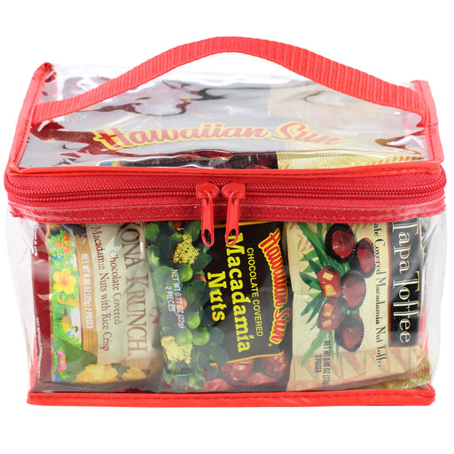 Hawaiian Sun Chocolate Macadamia Nut Variety Plastic Gift Bag with red handle and zipper