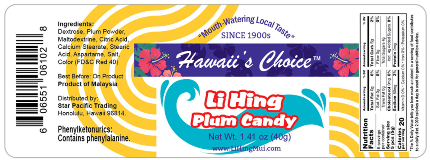 Hawaii's Choice Li Hing Plum Candy nutrition facts