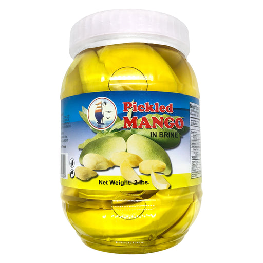 pickled mango in brine in plastic bottle with white screw top