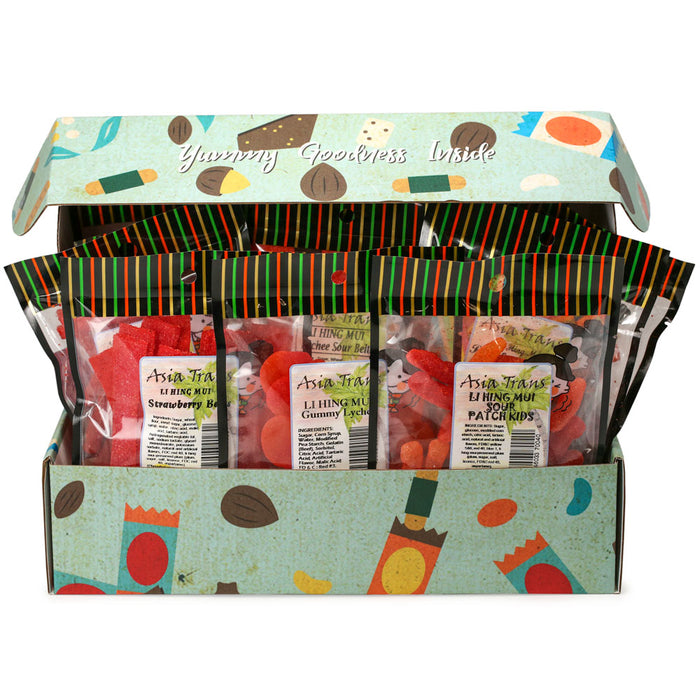 Green li hing mui candy snack box open with products inside