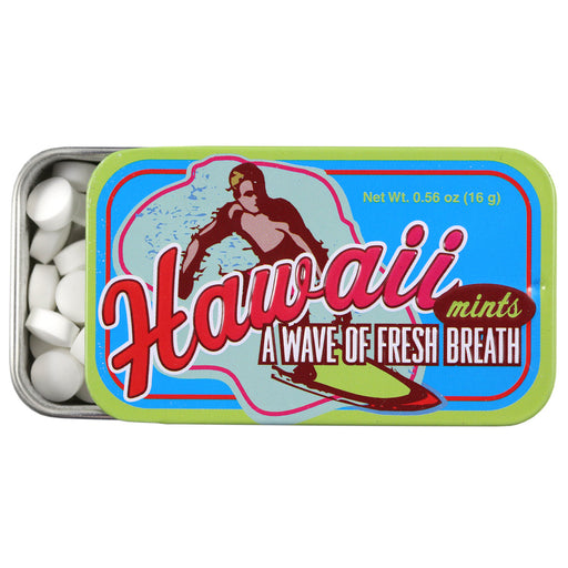 Hawaii Mints Surfer Tin opened with small white circular mints showing
