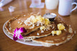 macadamia nut pancakes with pineapple and coconut syrup